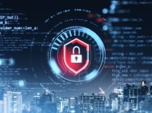 Digital security lock icon over virtual cityscape with programming code elements.