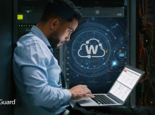 Black man working on a laptop with a WatchGuard Cloud icon in the window behind his desk