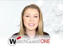 Blonde woman in front of a white hexagon background with the WatchGuardONE logo under her