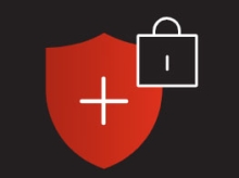 Red shield with a white cross on it and a black and white lock icon in the upper right