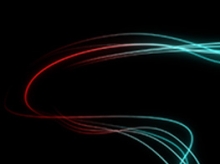 Teal and red swirling lines of light on a black background