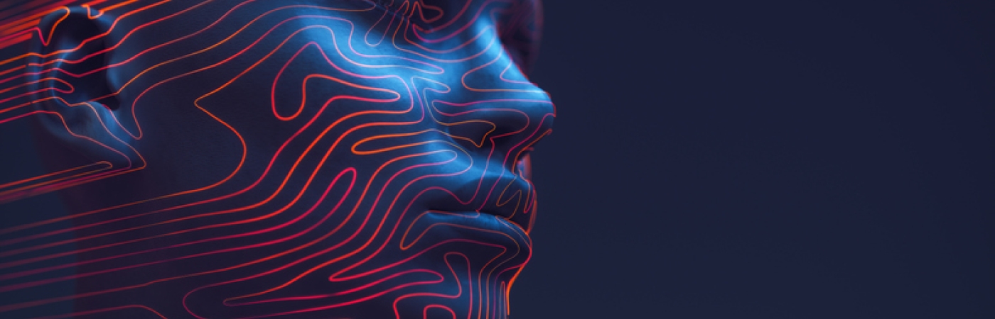 A digital 3D rendering of a human face in profile, illuminated in blue with glowing red contour lines, symbolizing identity, data, and cybersecurity in the age of AI.