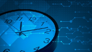 Clock set against a blue background with circuit board patterns