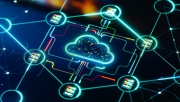 Glowing cloud icon surrounded by other icons in a circuit board type pattern