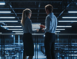 Blonde woman and man in business attire looking at a laptop