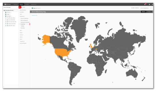 WatchGuard Cloud dashboard showing world map with United States highlighted in yellow