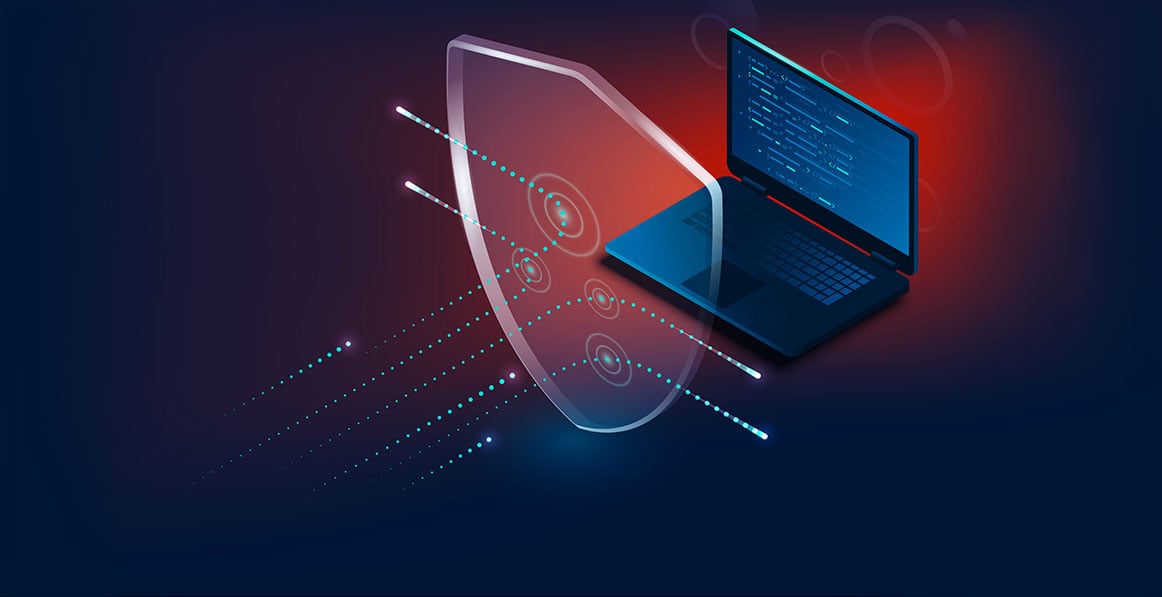 Escudo na frente de um laptop com plano de fundo vermelho e azul, com várias ameaças sendo bloqueadas por esse escudo